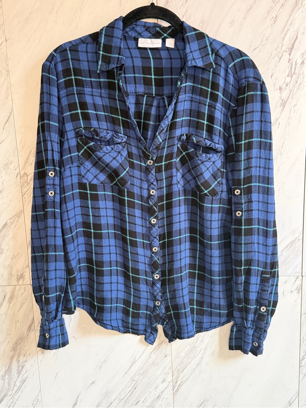 3/$50 New York Company Rayon Blue Black Plaid Button Down Shirt XL Roll Tab
